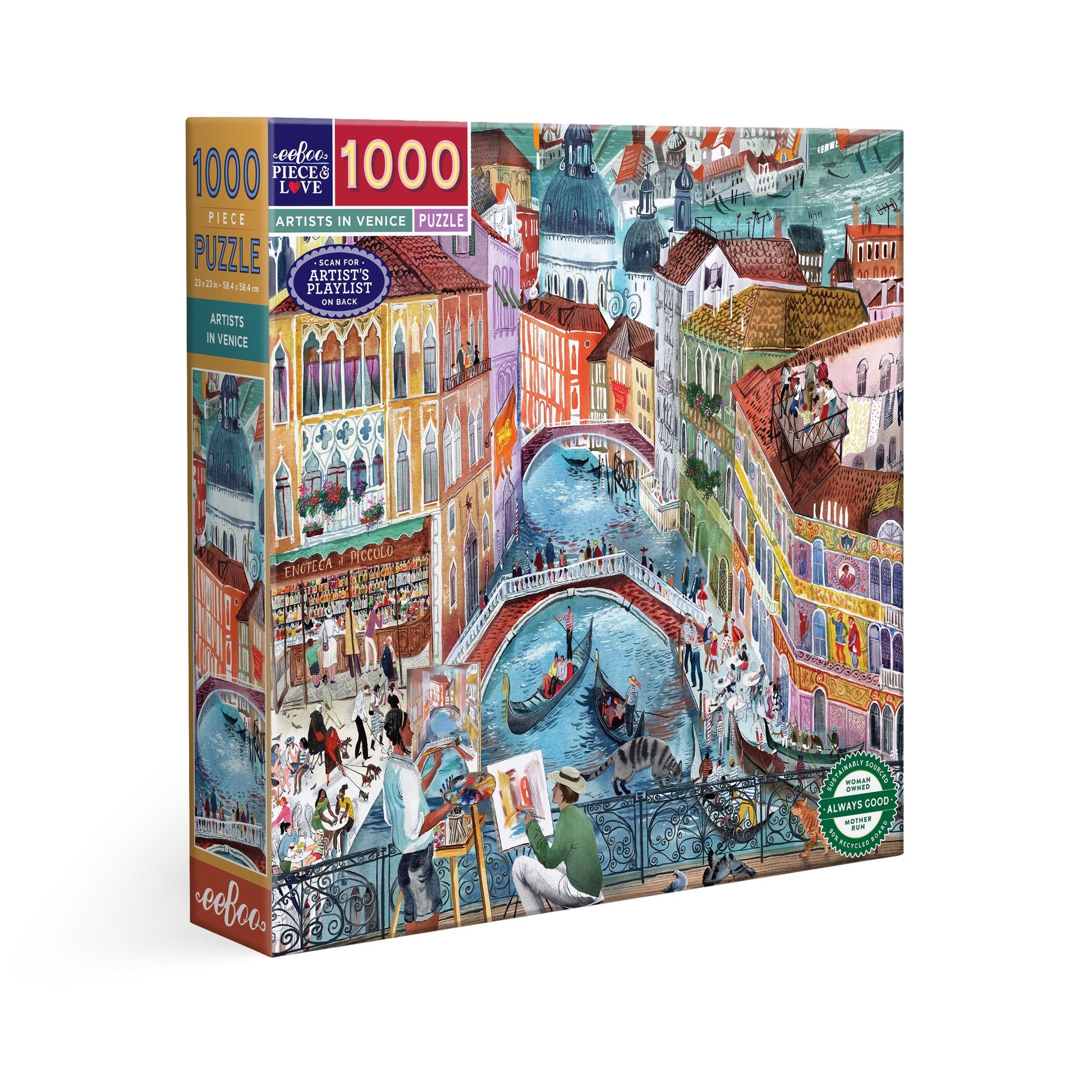 Puzzle box with a colorful depiction of a Venetian canal and buildings. Artists in Venice Italy 1000 Piece Puzzle