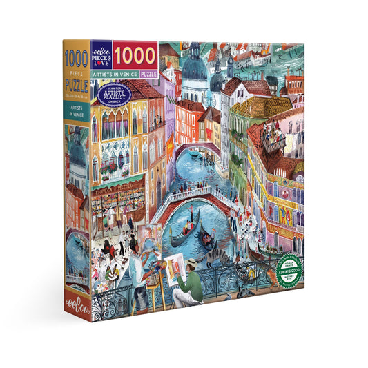 Puzzle box with a colorful depiction of a Venetian canal and buildings. Artists in Venice Italy 1000 Piece Puzzle