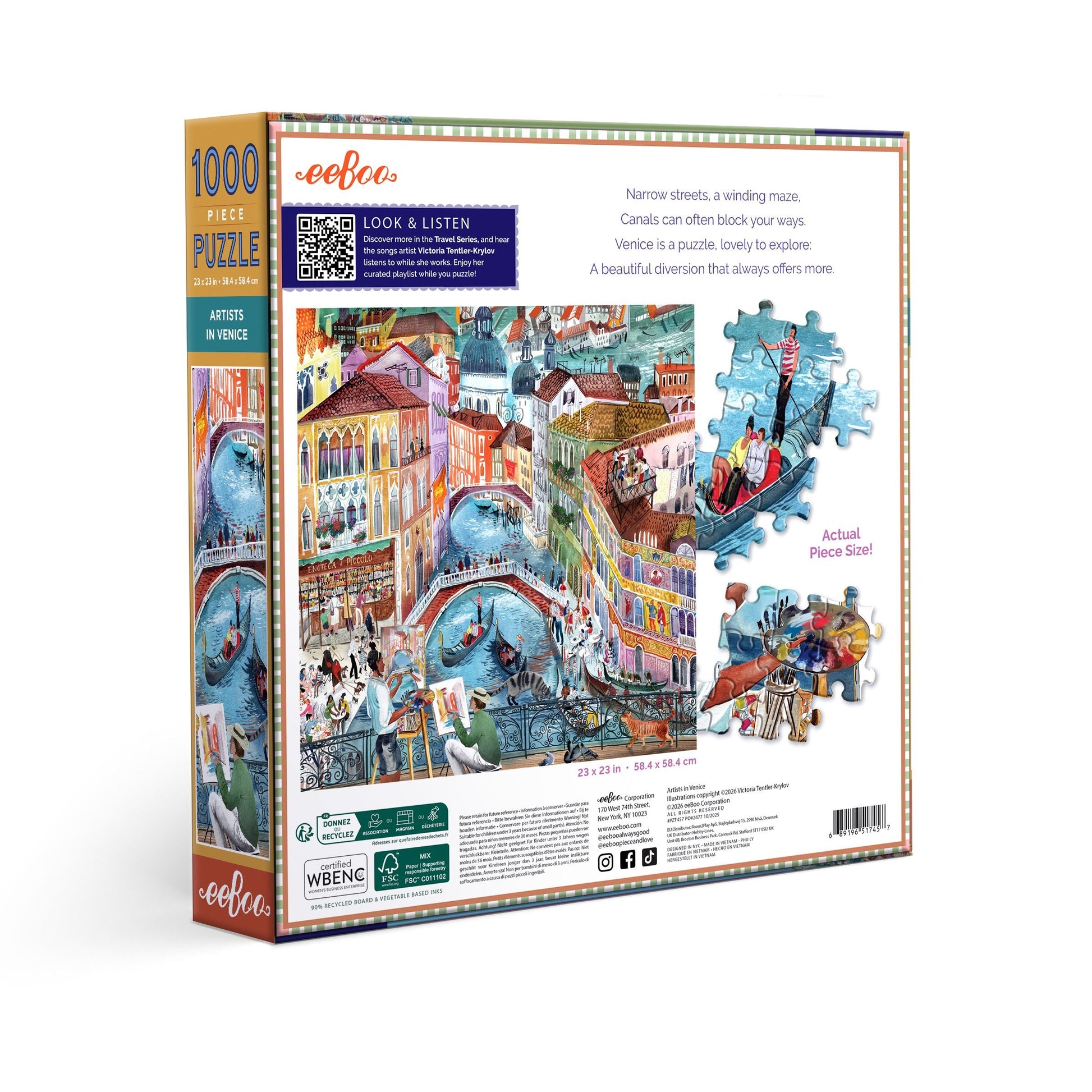 Jigsaw puzzle box with colorful illustration of a city scene and 'eeBoo'. Artists in Venice Italy 1000 Piece Puzzle branding.