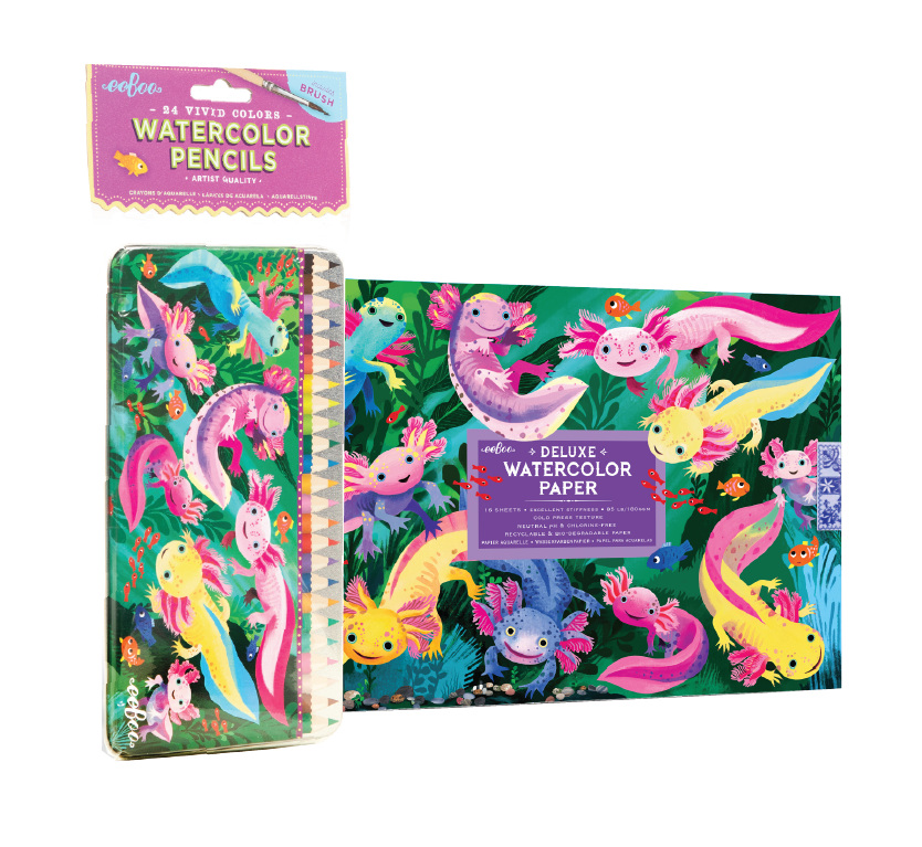 A set of colorful watercolor pencils and watercolor paper featuring a whimsical illustration of axolotls in an underwater scene. 