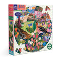 Round puzzle box with colorful artwork of birds and nature, featuring ' eeBoo'. Birds by the Sea 500 Piece Round Puzzle