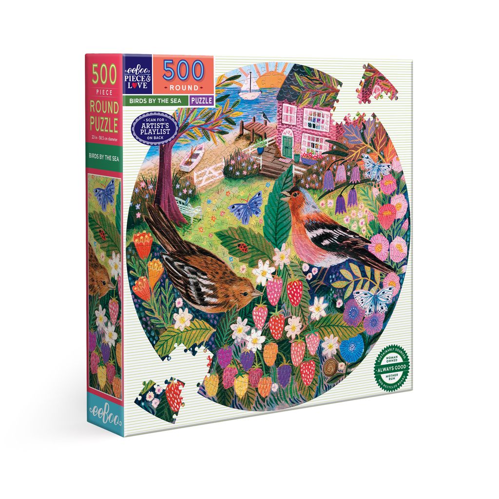 Round puzzle box with colorful artwork of birds and nature, featuring ' eeBoo'. Birds by the Sea 500 Piece Round Puzzle