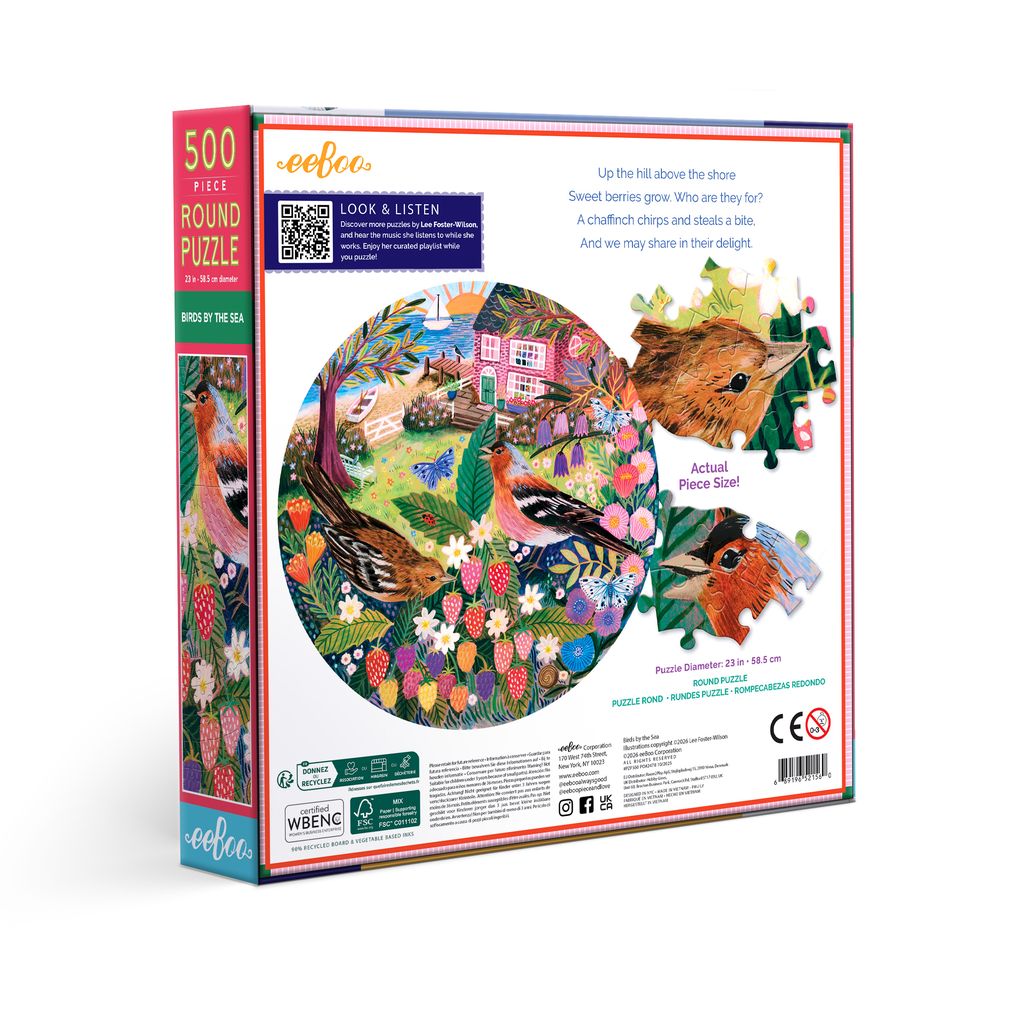Round puzzle packaging with colorful illustration of birds and flowers. Birds by the Sea 500 Piece Round Puzzle