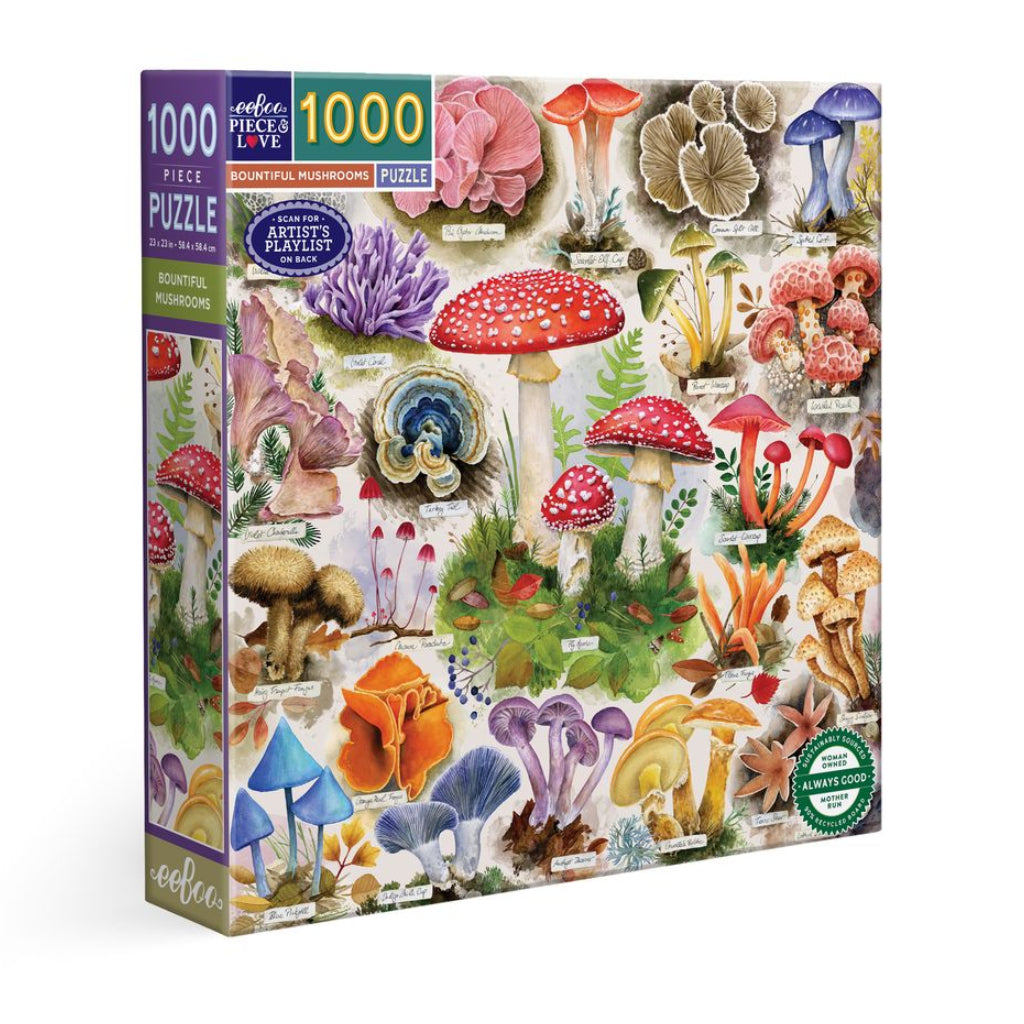 Jigsaw puzzle box featuring colorful mushrooms. Bountiful Mushrooms 1000 Piece Puzzle