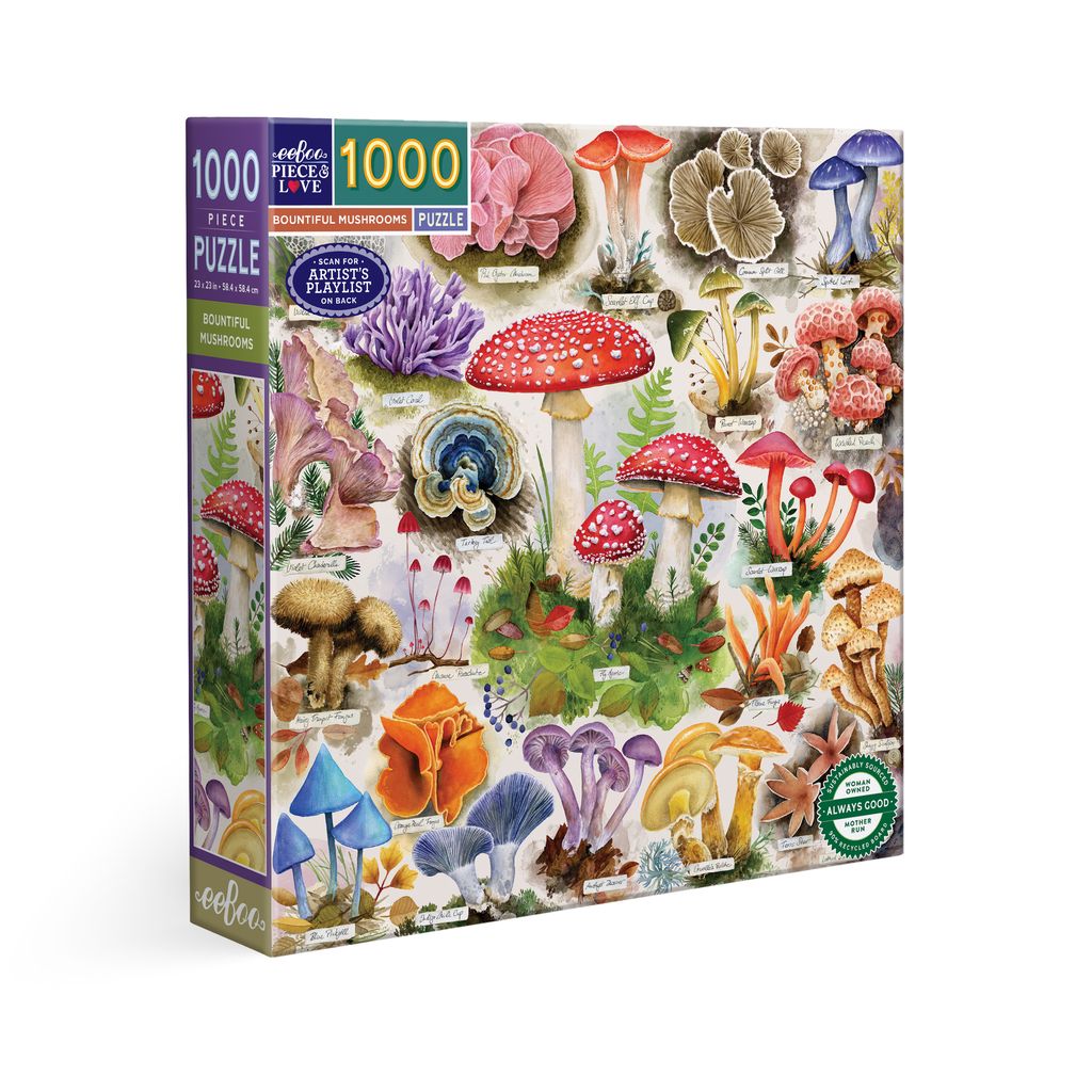 Jigsaw puzzle box featuring colorful mushrooms. Bountiful Mushrooms 1000 Piece Puzzle