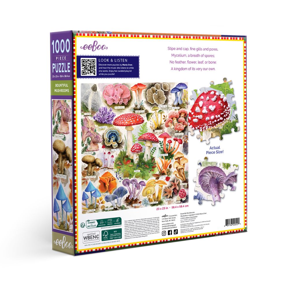 Puzzle box with mushroom illustrations. Bountiful Mushrooms 1000 Piece Puzzle