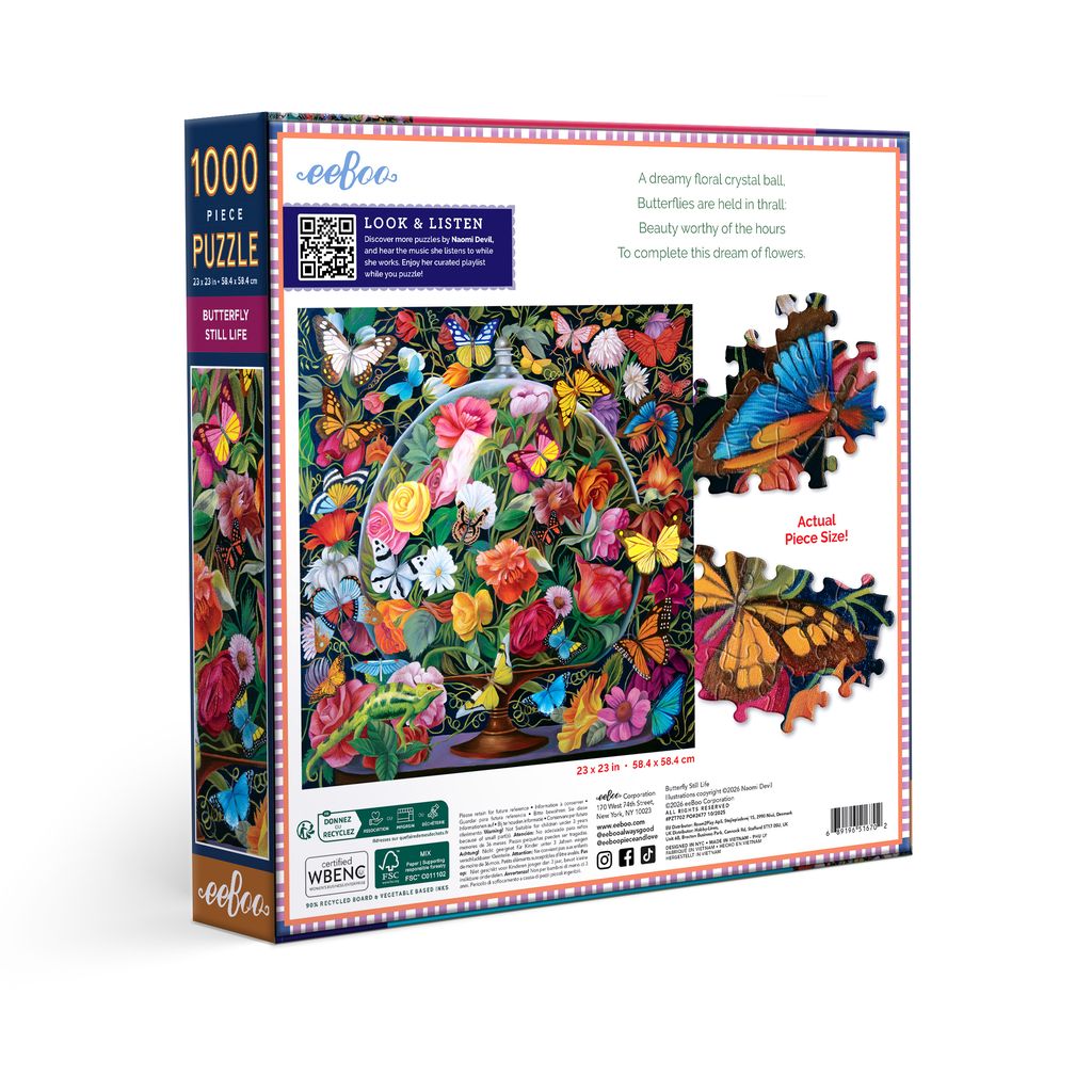 Jigsaw puzzle box with colorful butterfly design. Butterfly Still Life 1000 Piece Puzzle