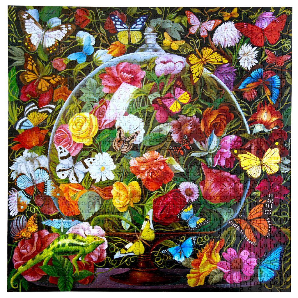 Colorful embroidery of flowers, butterflies, and a frog in a garden setting.