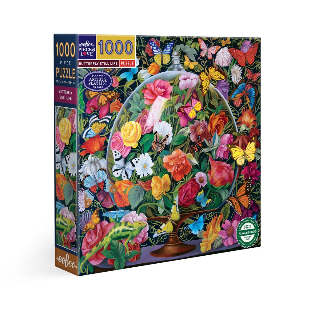 Jigsaw puzzle box with colorful butterfly and floral design. Butterfly Still Life 1000 Piece Puzzle