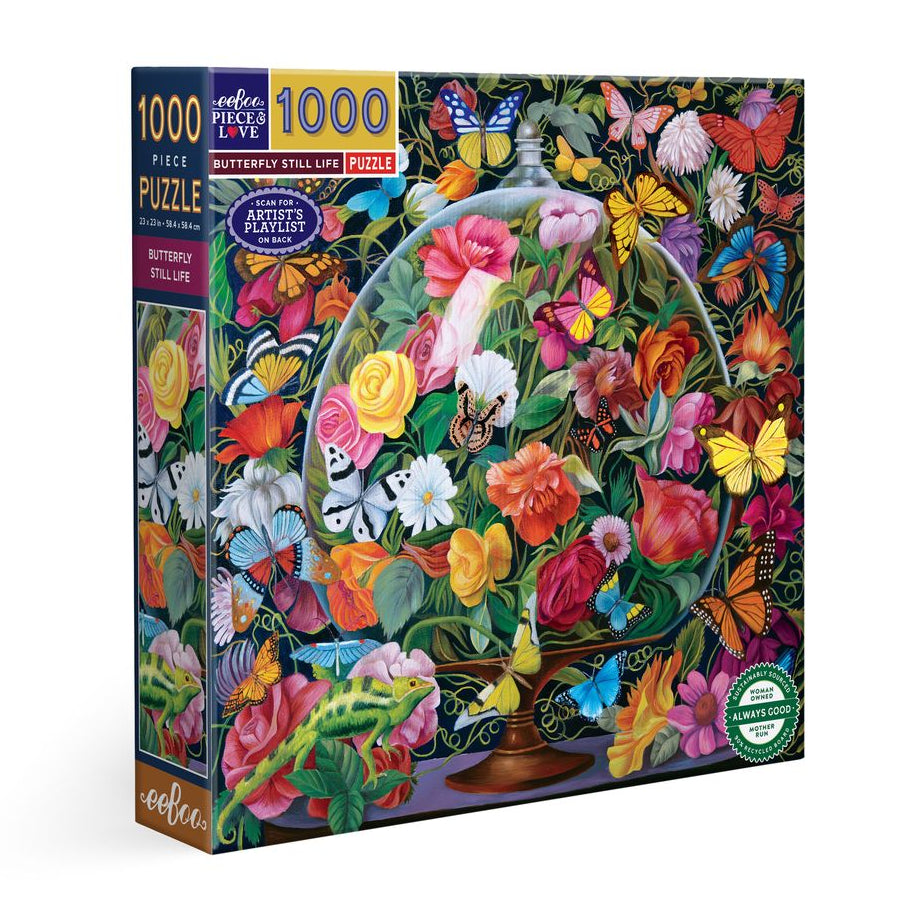 Jigsaw puzzle box with colorful butterfly and floral design. Butterfly Still Life 1000 Piece Puzzle