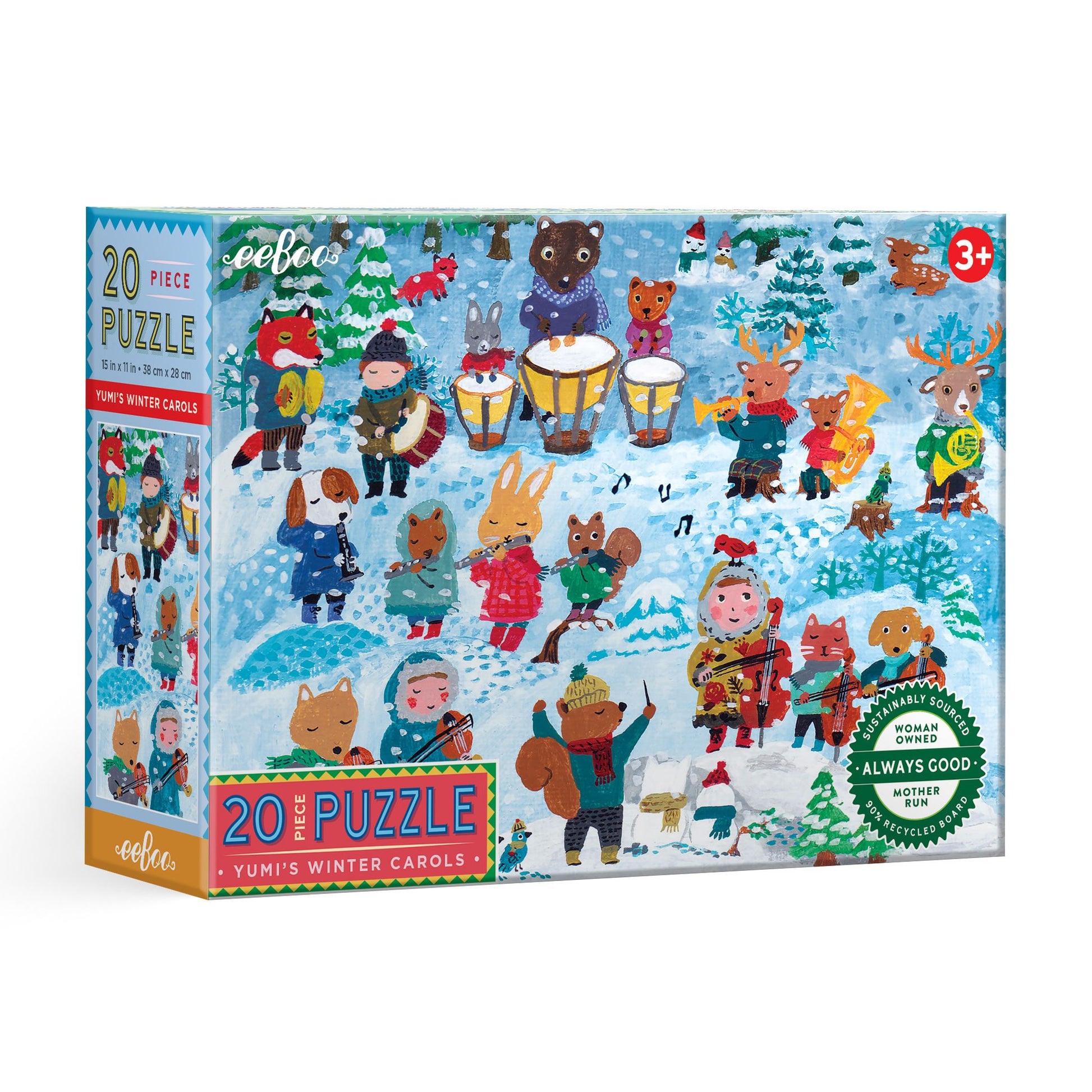 Children's puzzle box with winter-themed illustration of animals and a child playing music. Yumi's Winter Carols 20 Piece Puzzle by eeBoo | Unique Fun Gifts