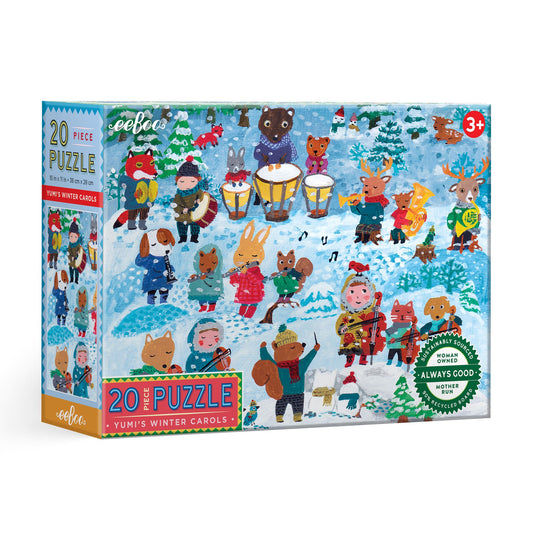 Children's puzzle box with winter-themed illustration of animals and a child playing music. Yumi's Winter Carols 20 Piece Puzzle by eeBoo | Unique Fun Gifts