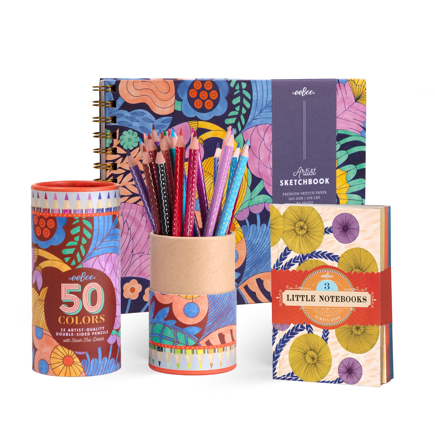 A hardcover sketchbook, color pencil canister, and little notebook set with art by Cecilia