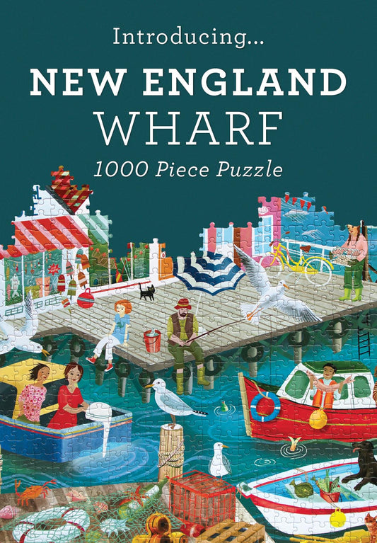 New England Wharf puzzle packaging with colorful illustration of a dock scene.