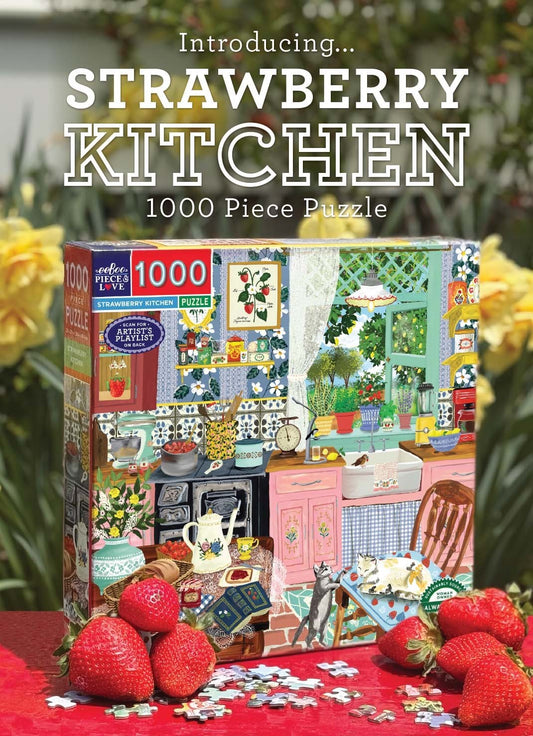 Jigsaw puzzle box for 'Strawberry Kitchen' with strawberries. 