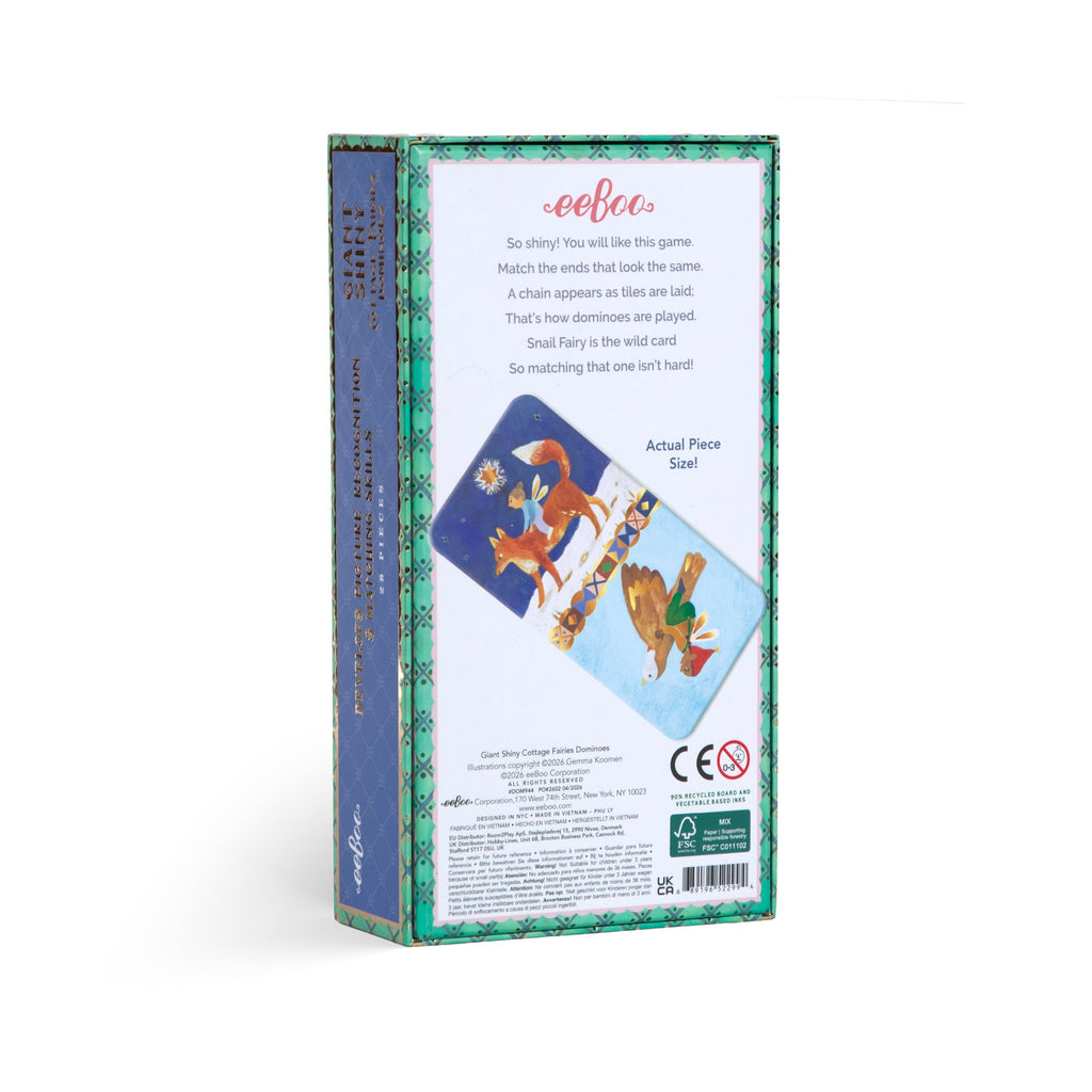 This Cottage Fairy Giant Dominoes set includes 28 oversized domino pieces, each featuring enchanted forest details illustrated by Gemma Koomen & finished with shiny gold foil. 