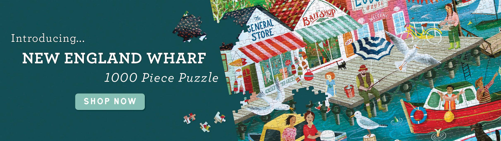 Promotional banner for New England Wharf puzzle with colorful illustrations of a coastal scene.