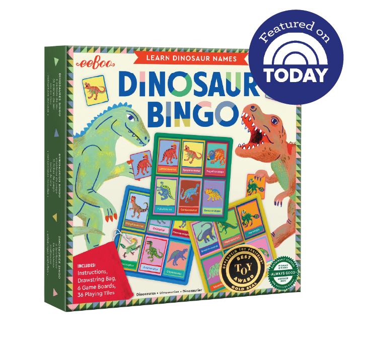 Dinosaur Bingo game box with colorful illustrations of dinosaurs 