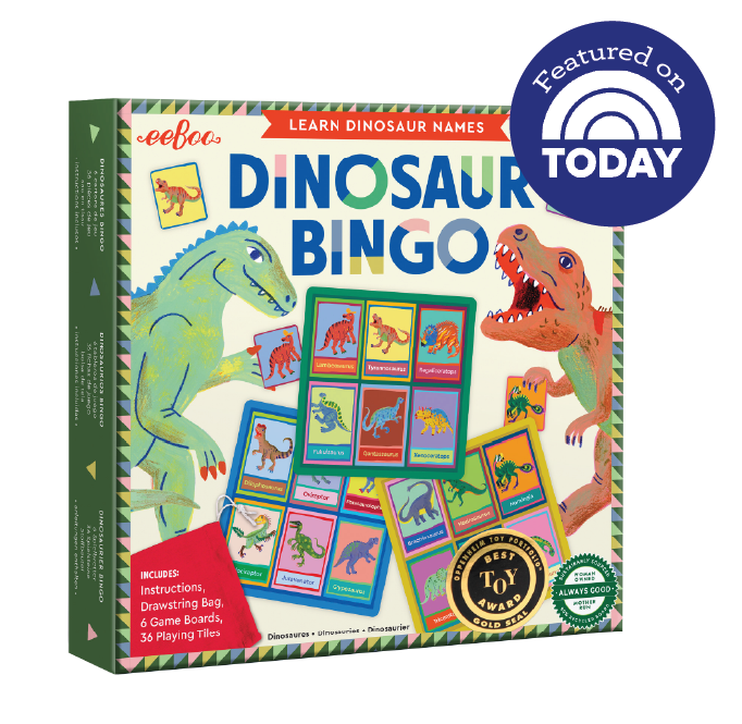 Dinosaur Bingo game box with colorful illustrations of dinosaurs 