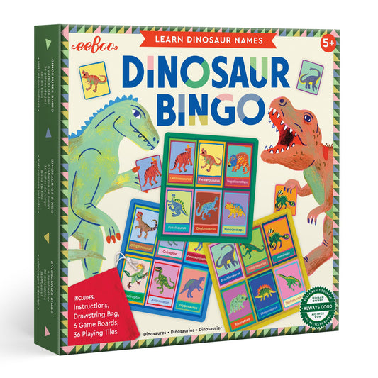 Dinosaur Bingo game box with colorful illustrations of dinosaurs. Dinosaur Bingo Game by eeBoo | Unique Fun Gifts
