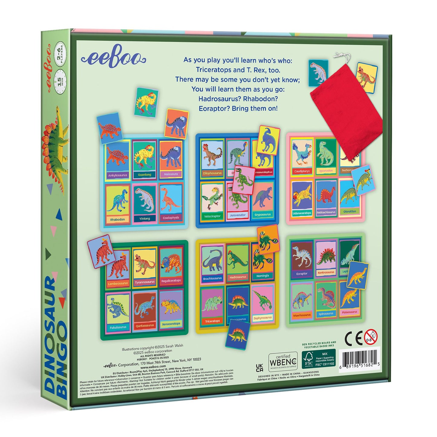 Dinosaur-themed bingo game box with colorful cards and a red bag. Dinosaur Bingo Game by eeBoo | Unique Fun Gifts