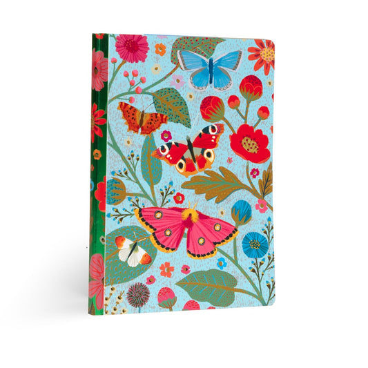 Notebook with colorful butterfly and floral design on a light blue background. Butterflies Luxe Journal by eeBoo | Unique Beautiful Gifts