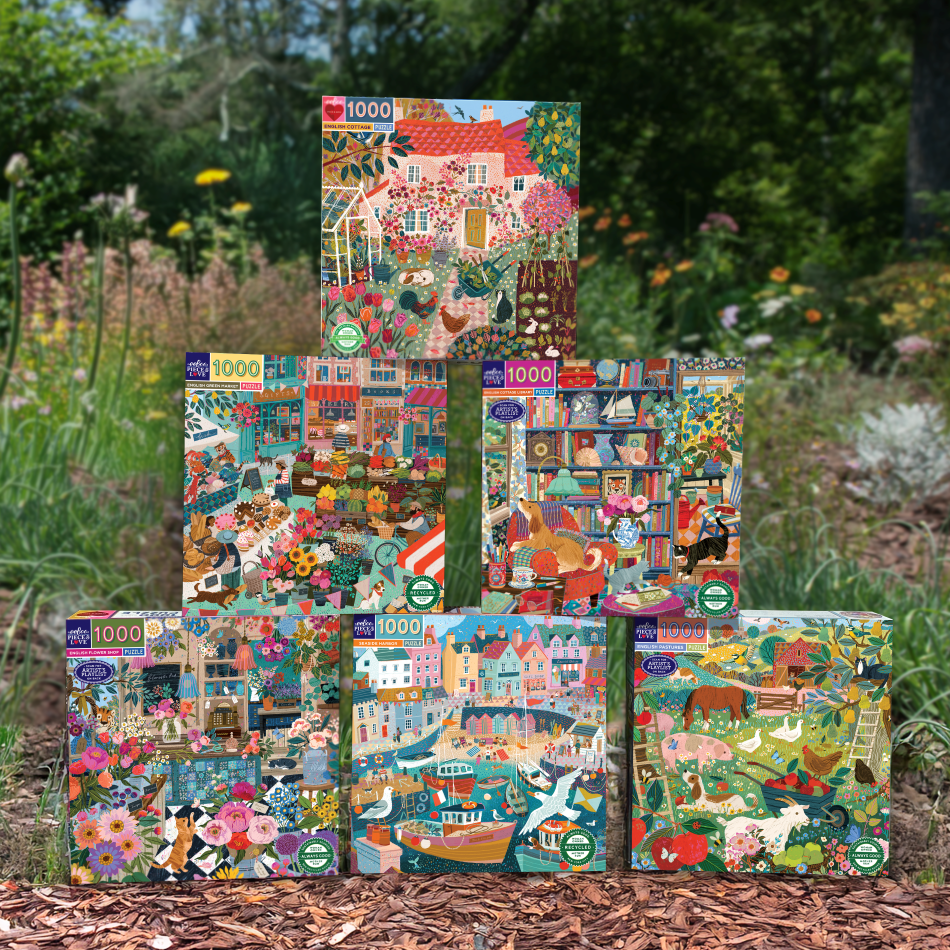 6 puzzles stacked in a garden