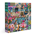Jigsaw puzzle box with a colorful design of a flower shop and cat, featuring the brand ' eeBoo'. English Flower Shop 1000 Piece Puzzle