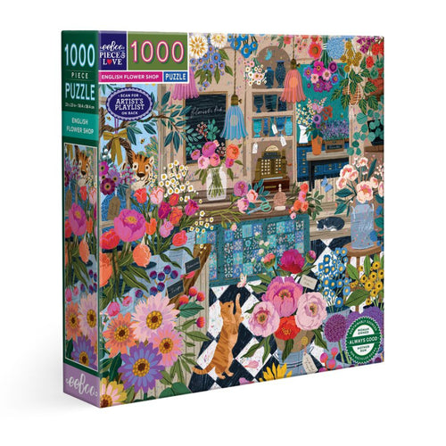 Jigsaw puzzle box with a colorful design of a flower shop and cat, featuring the brand ' eeBoo'. English Flower Shop 1000 Piece Puzzle