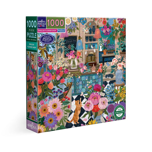 Jigsaw puzzle box with a colorful design of a flower shop and cat, featuring the brand ' eeBoo'. English Flower Shop 1000 Piece Puzzle