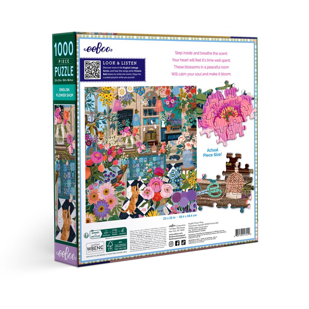 Puzzle box with colorful illustration of a garden scene. English Flower Shop 1000 Piece Puzzle