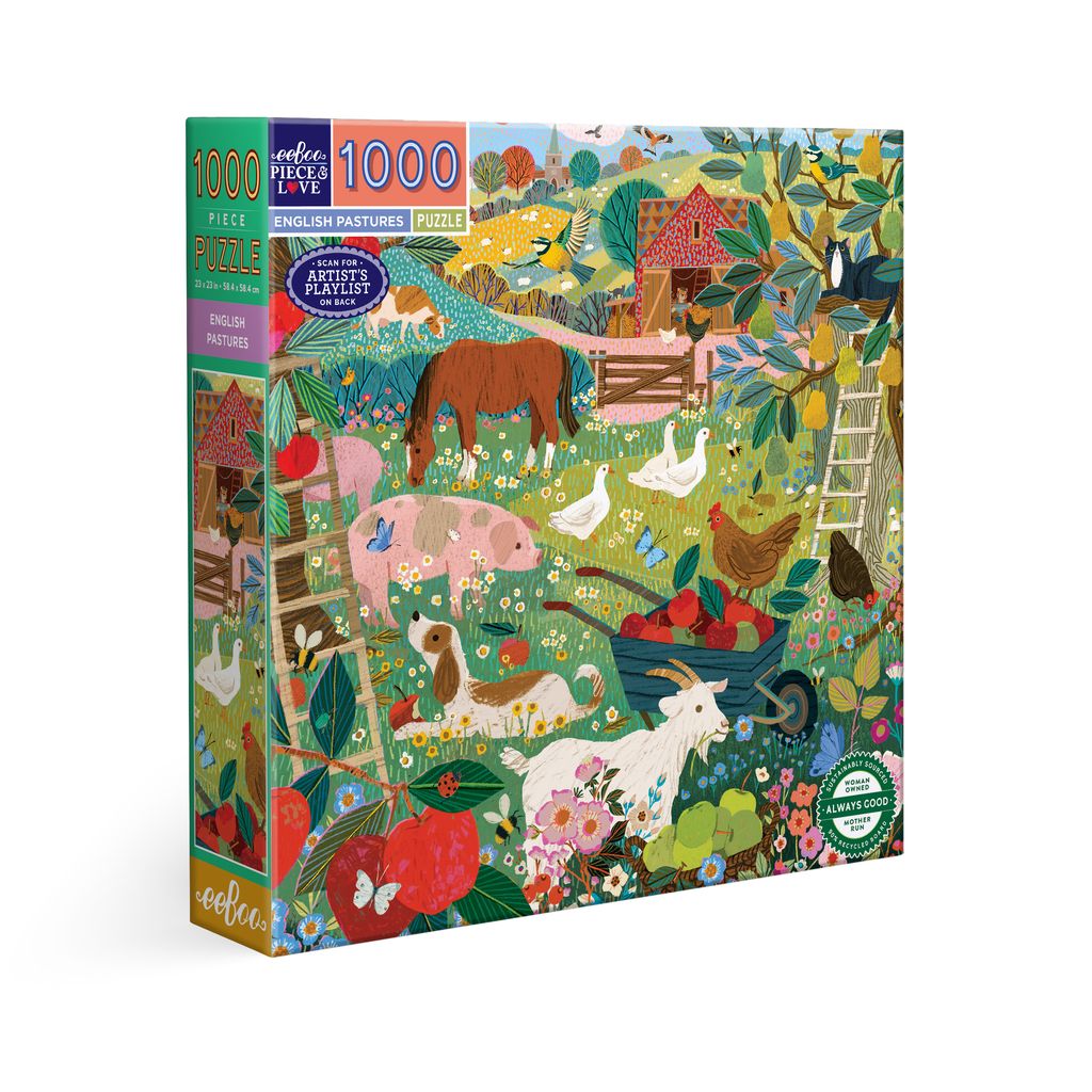 Jigsaw puzzle box with farm scene illustration. English Pastures 1000 Piece Puzzle
