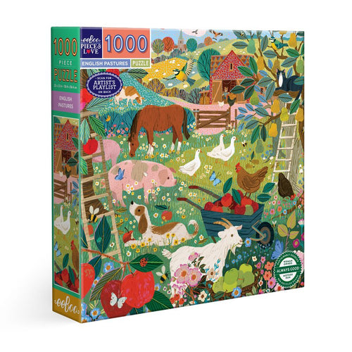 Jigsaw puzzle box with farm scene illustration. English Pastures 1000 Piece Puzzle