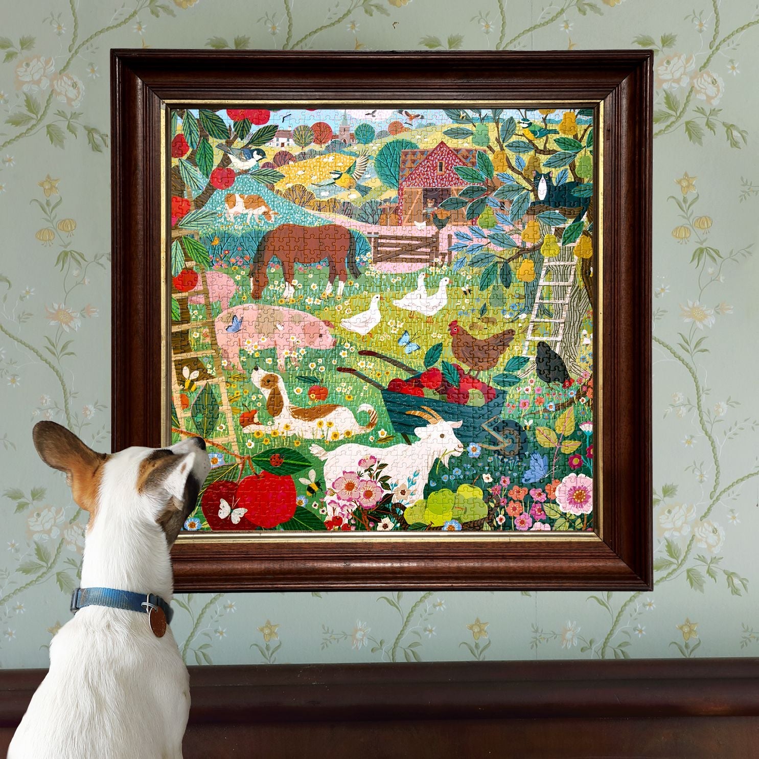 Dog looking at a framed colorful artwork of farm animals on a wall. English Pastures 1000 Piece Puzzle