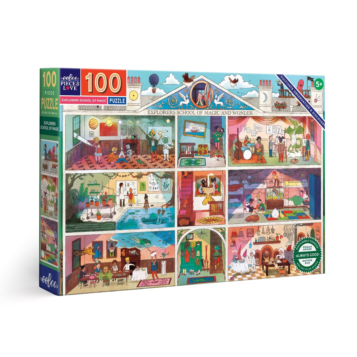 Puzzle box with colorful illustrations of a school setting. Explorers School of Magic 100 Piece Puzzle