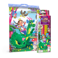 Children's art supplies set with a sketchbook and jumbo pencils featuring a fairy and dragon design.