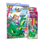 Children's art supplies set with a sketchbook and jumbo pencils featuring a fairy and dragon design.