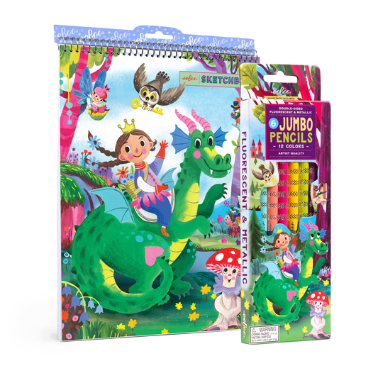 Children's art supplies set with a sketchbook and jumbo pencils featuring a fairy and dragon design.