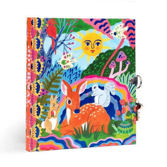 A colorful journal with a whimsical illustration of a deer, rabbit, and various plants with a lock and two keys attached to it.