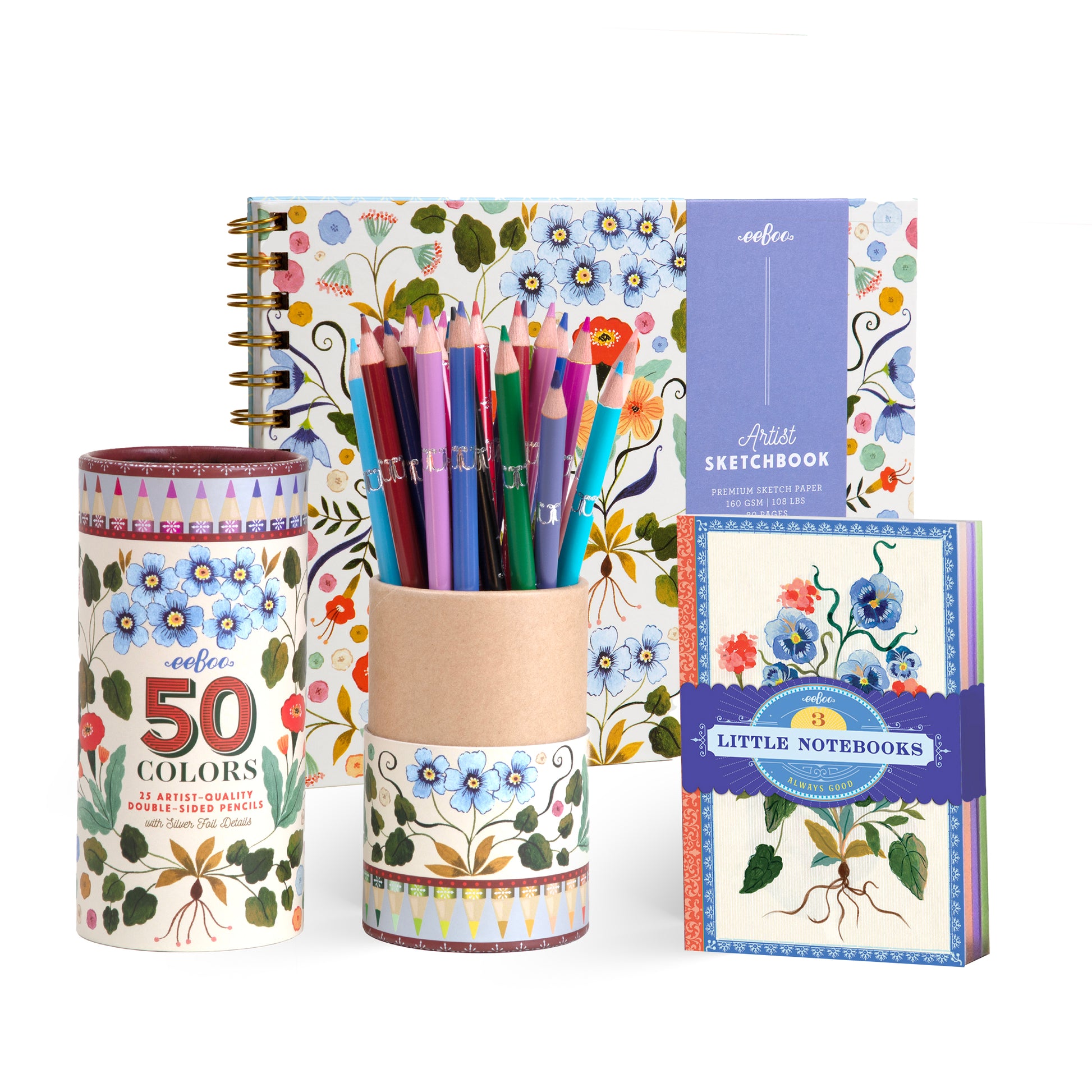 A hardcover sketchbook, color pencil canister, and little notebook set with art by Flora Waycott