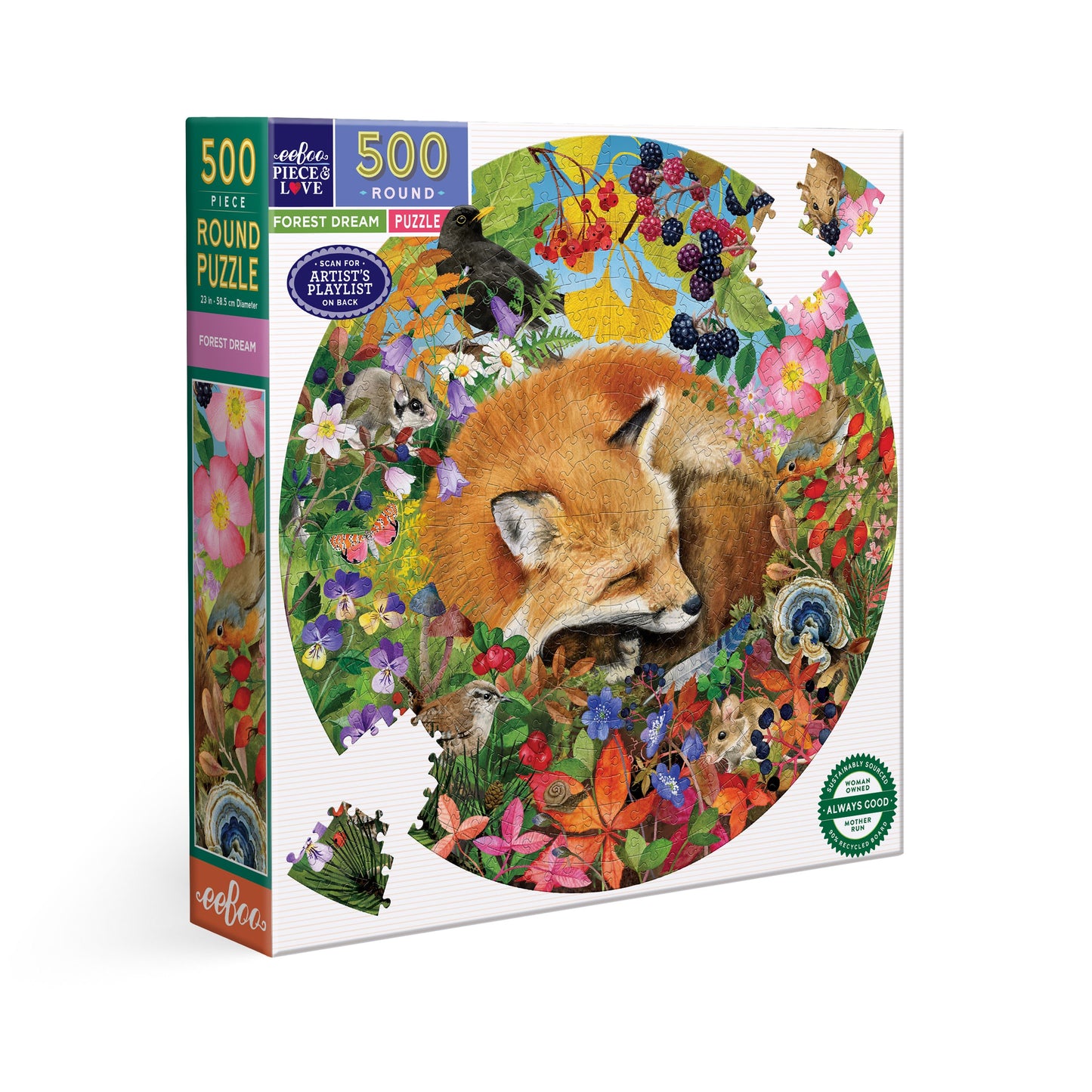 Watercolorist Maria Over depicts a dreaming fox surrounded by swirling color, flowers, birds, berries & more. 500 Piece Jigsaw Puzzle by eeBoo 