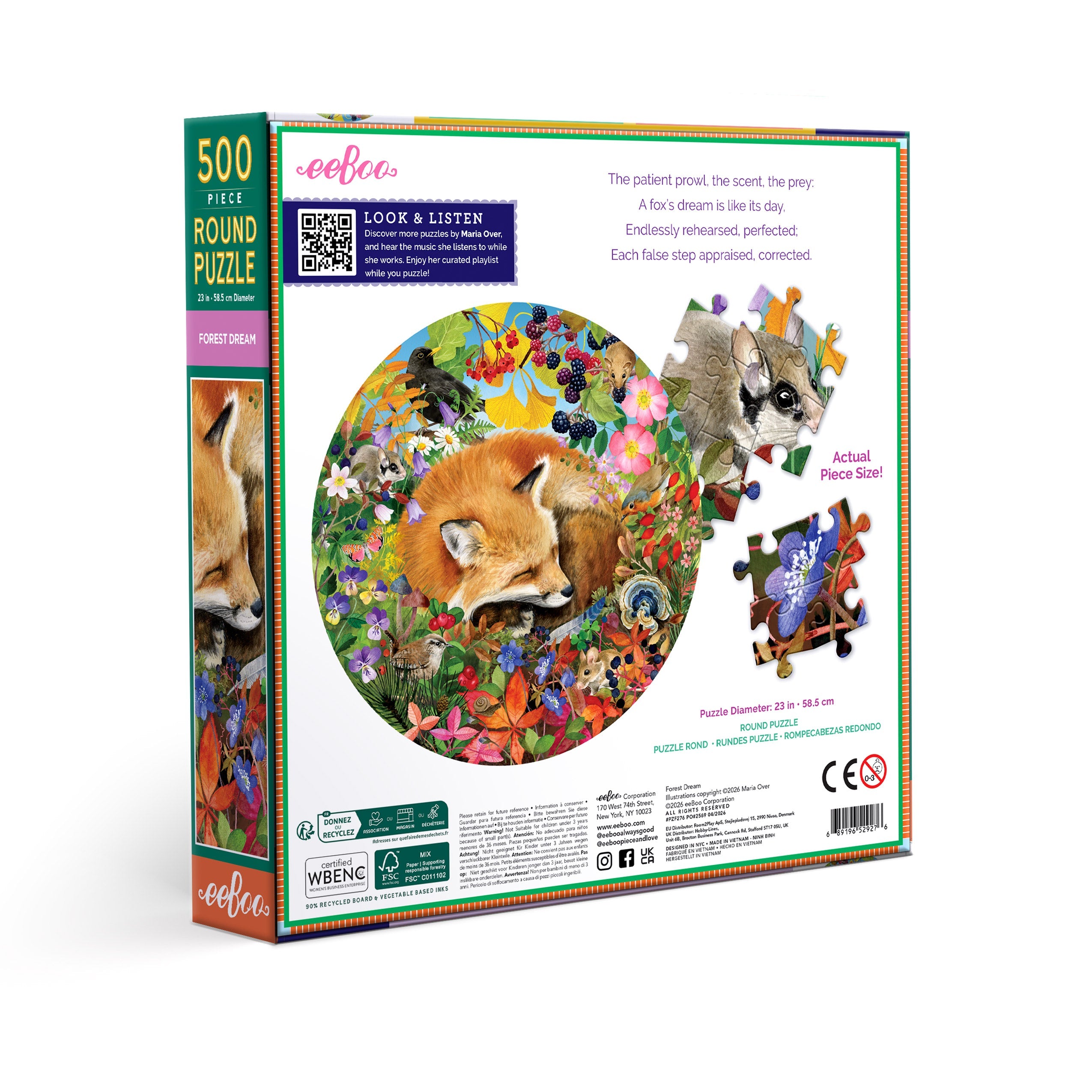 Watercolorist Maria Over depicts a dreaming fox surrounded by swirling color, flowers, birds, berries & more. 500 Piece Jigsaw Puzzle by eeBoo 