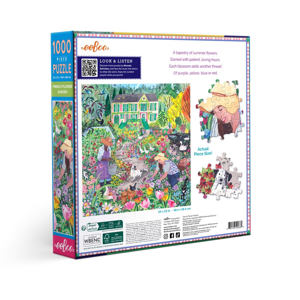 Jigsaw puzzle box with colorful illustration of a garden scene and people, featuring eeBoo branding. French Flower Garden 1000 Piece Puzzle