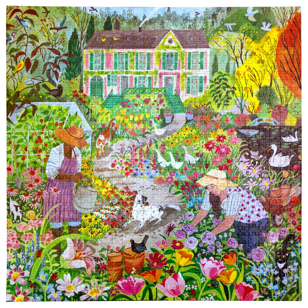 Colorful garden scene with people, animals, and a house in the background. French Flower Garden 1000 Piece Puzzle