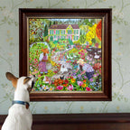 Dog looking at a colorful framed painting of a garden scene with people and animals.
