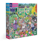 Jigsaw puzzle box with a colorful garden scene and people, featuring ' eeBoo'. French Flower Garden 1000 Piece Puzzle
