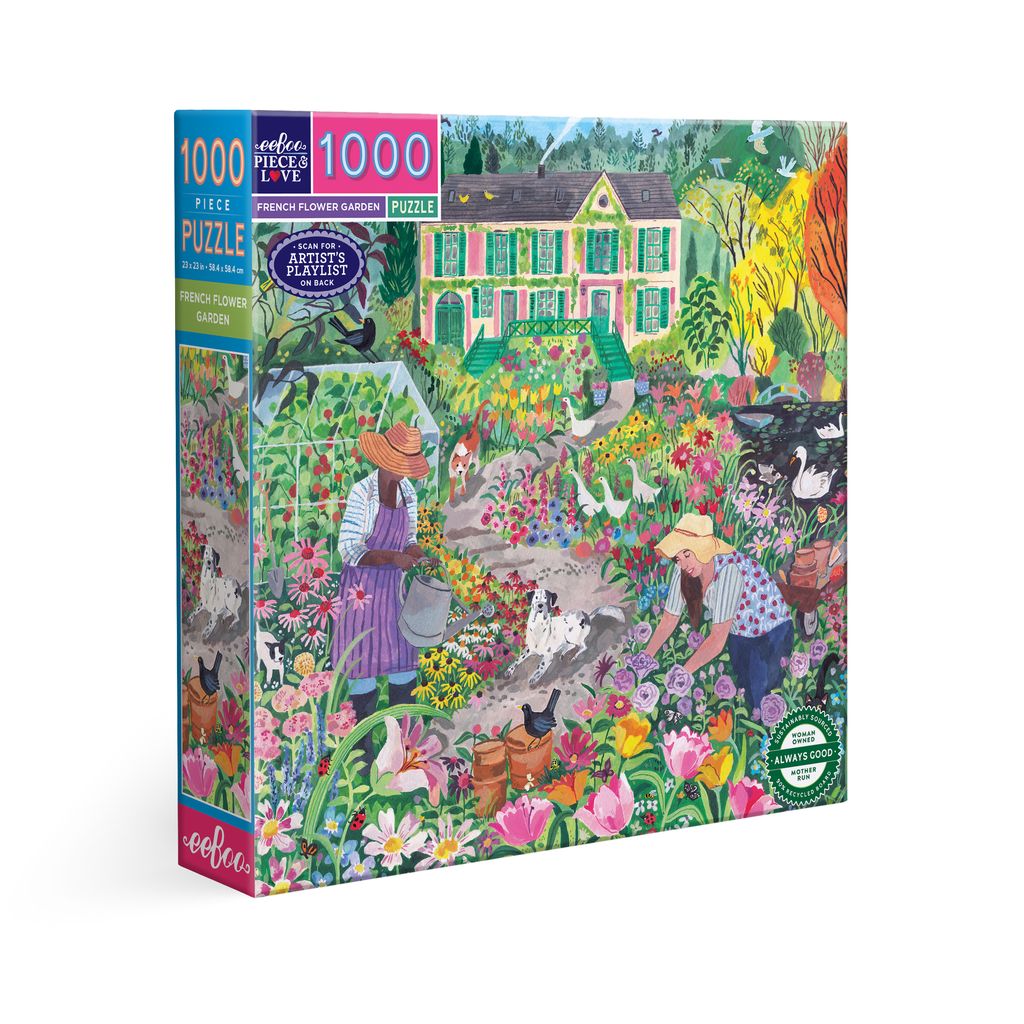 Jigsaw puzzle box with a colorful garden scene and people, featuring ' eeBoo'. French Flower Garden 1000 Piece Puzzle