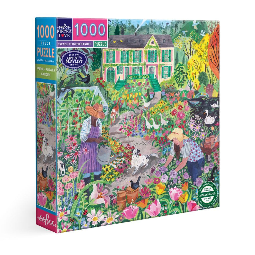 Jigsaw puzzle box with a colorful garden scene and people, featuring ' eeBoo'. French Flower Garden 1000 Piece Puzzle