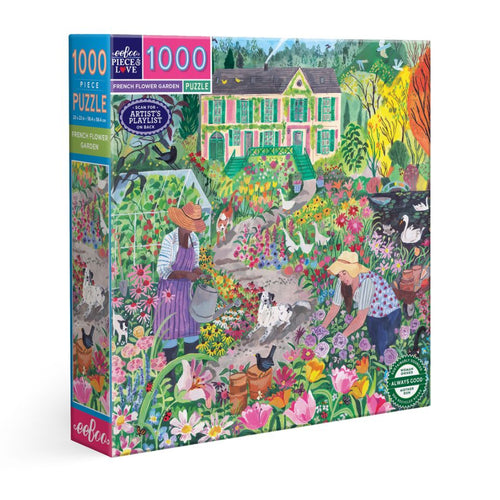 Jigsaw puzzle box with a colorful garden scene and people, featuring ' eeBoo'. French Flower Garden 1000 Piece Puzzle