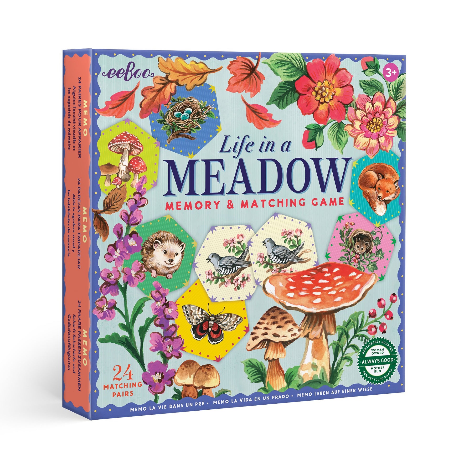 Board game box titled 'Life in a Meadow' with nature-themed illustrations .
